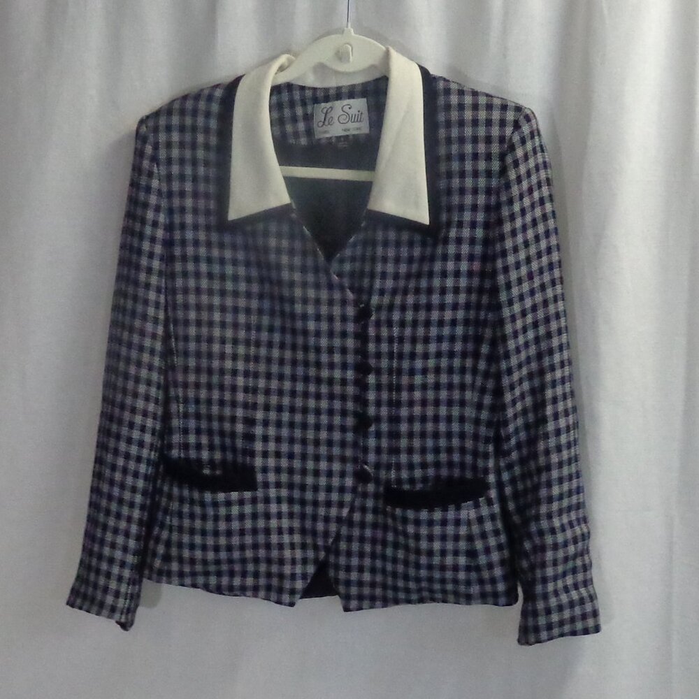 Le Suit Size 8 Navy and White Gingham Blazer